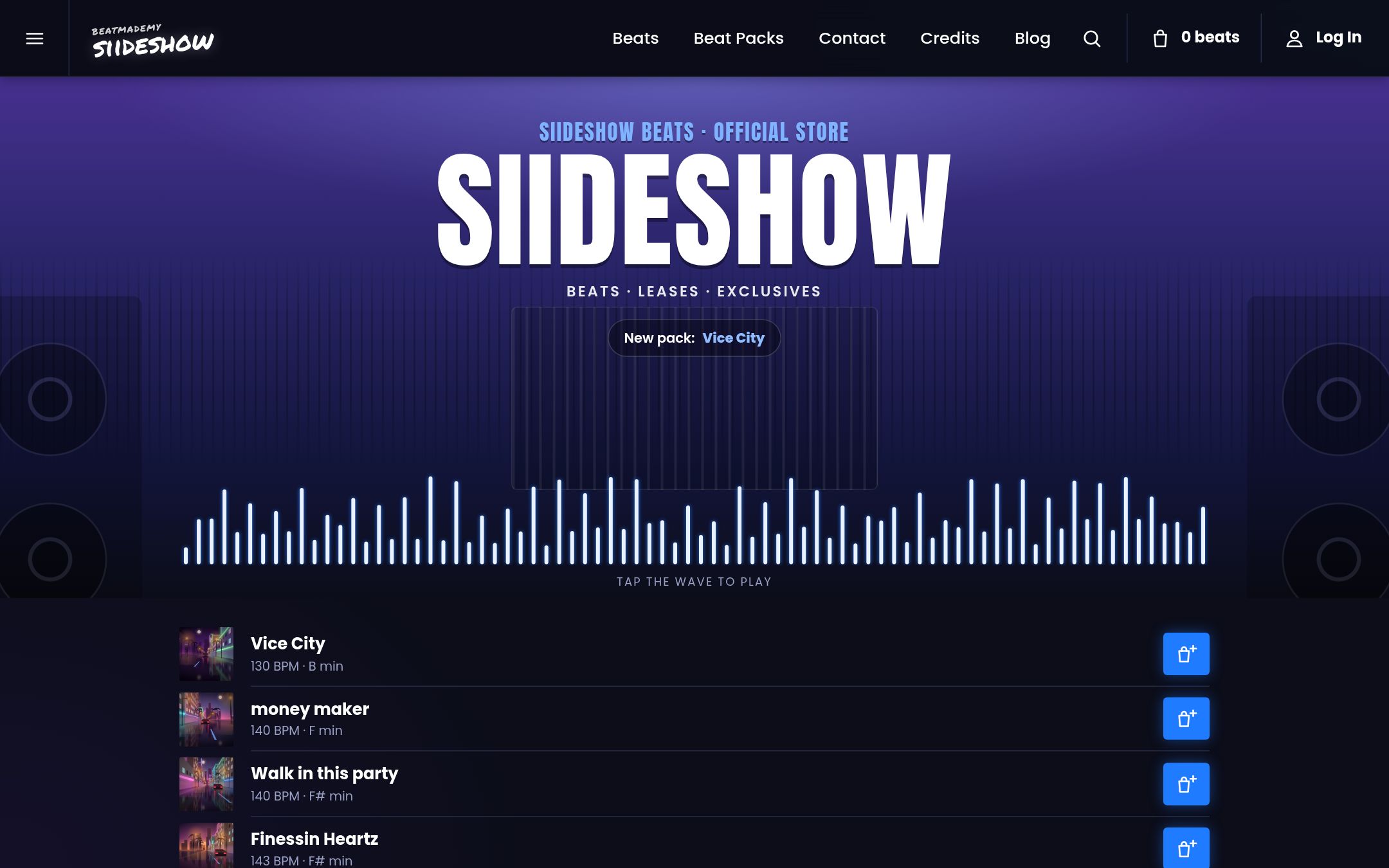 The siideshowbeats.com home page on a laptop: a purple hero with the SIIDESHOW logo, an audio waveform, and a list of beats with BPM and key.